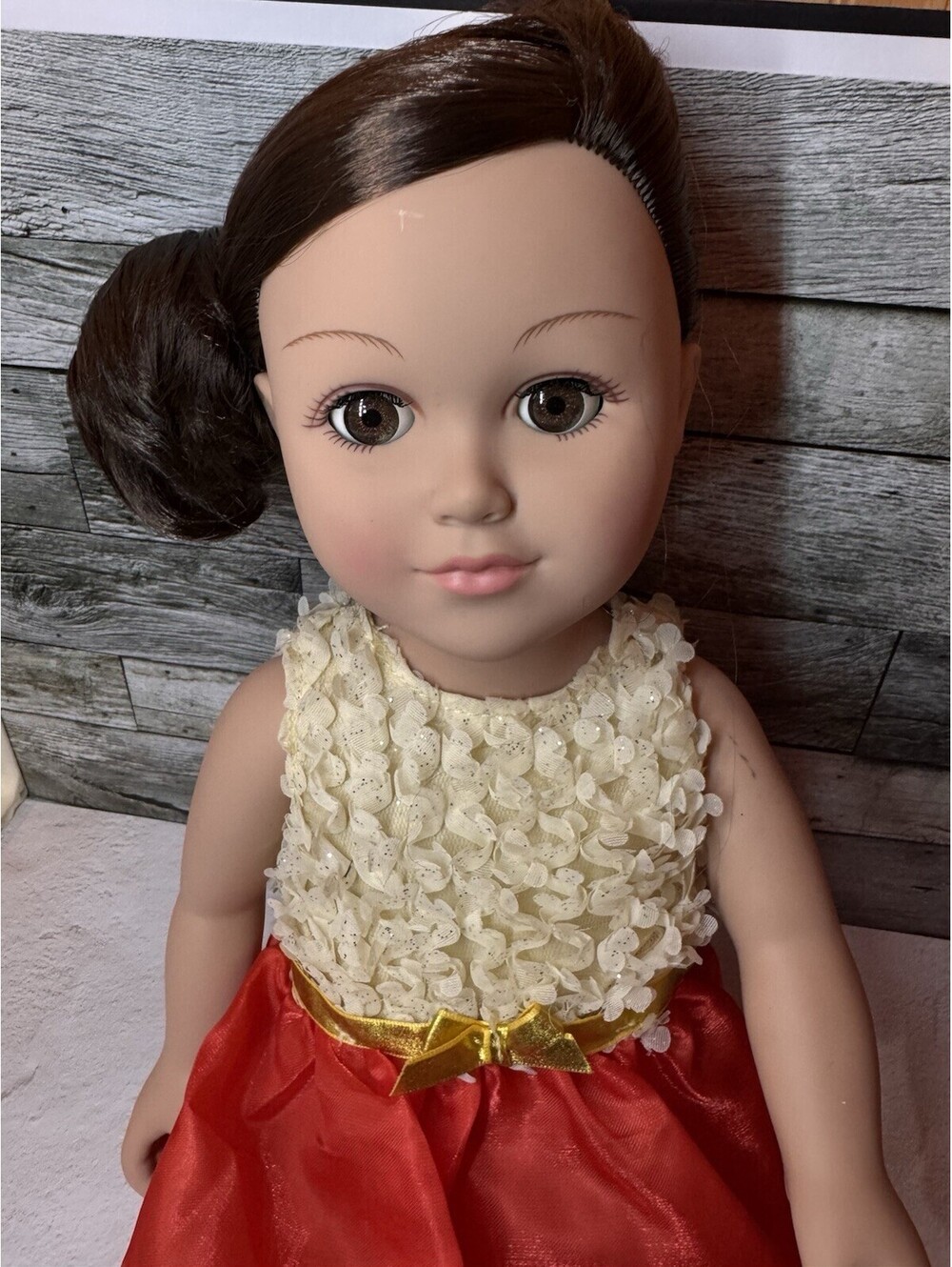 2013 Cititoy 18” Girl Doll Brunette Brown Eyes Red Gold Dress Shoes GM15